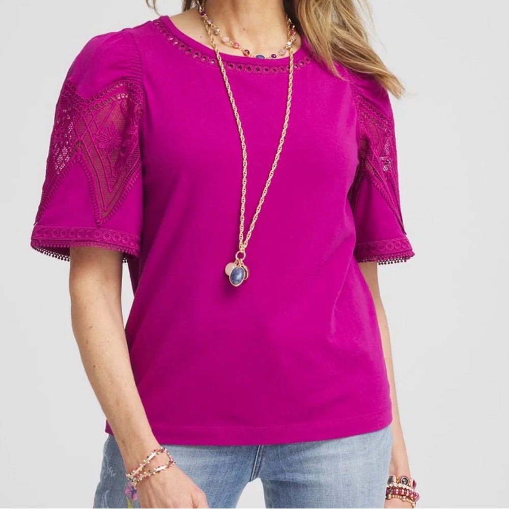 NWOT Chico’s Cotton Feminine Lace Laser Cut Blouse size large or 2